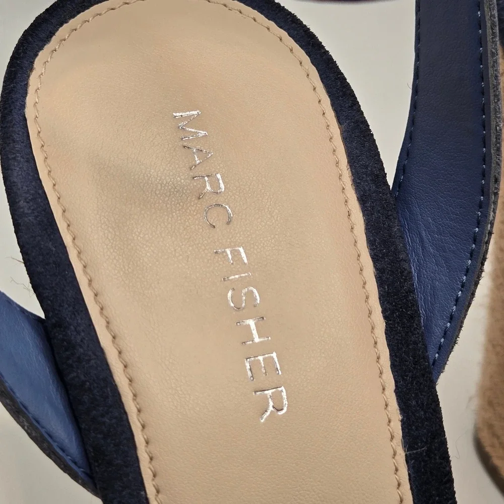 Marc Fisher Wedge Sandals Womens 7.5 Navy Blue Laser Cut Studded (S10